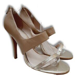 ALDO Everest Leather Open Toe High Heel Sandals Nude Cream & Silver Sz 10 Eur 41